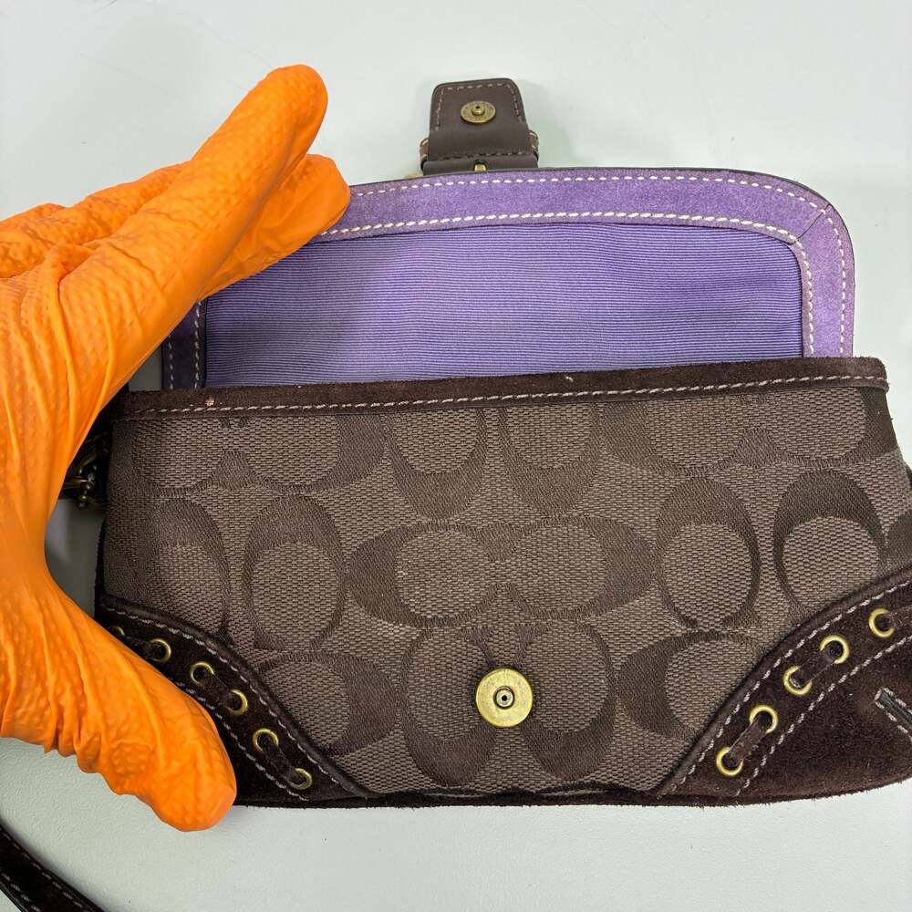 Coach Signature Canvas Leopard Print Calf Hair Purple Suede Buckle Wristlet - Picture 5 of 10